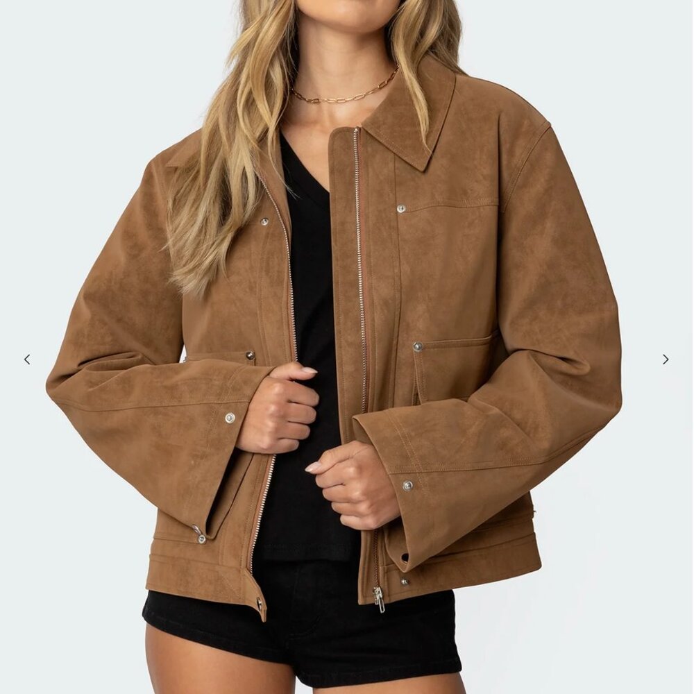 Edikted Brown Suede Moto Jacket